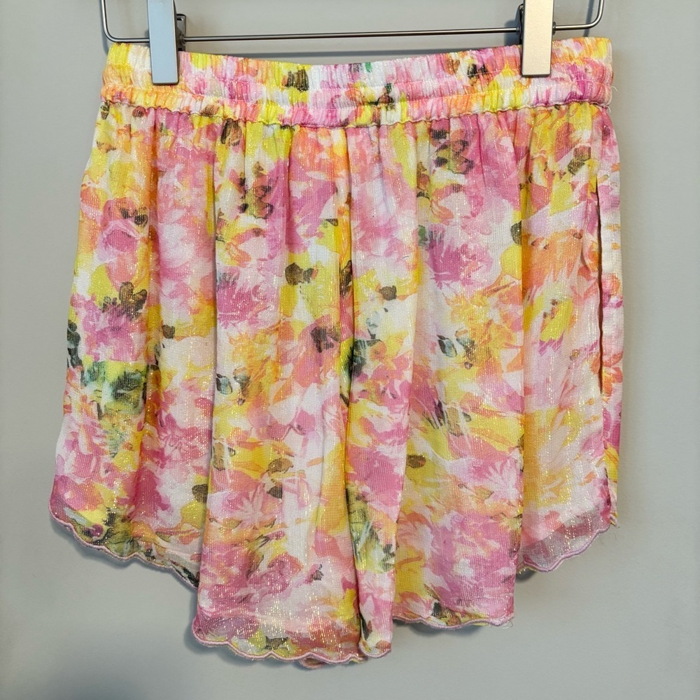 Rococo Sand Nesh Floral Shorts Yellow Pink Scallop Hem Size S - Picture 6 of 10